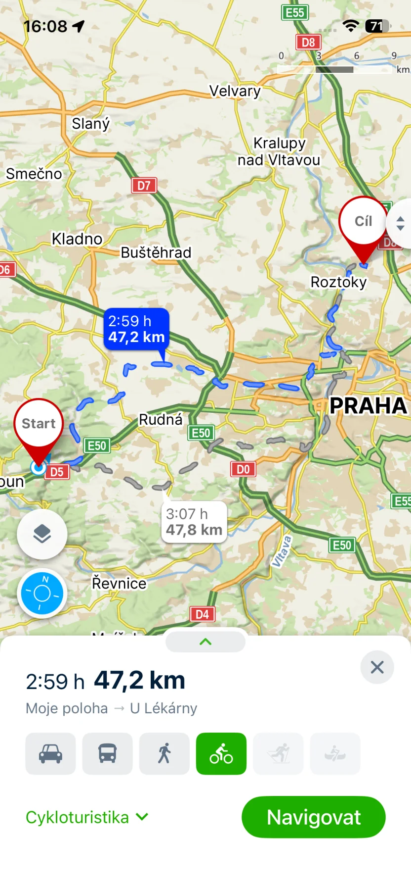 Plán cyklotrasy z Vráže do Klecan v Mapy.com