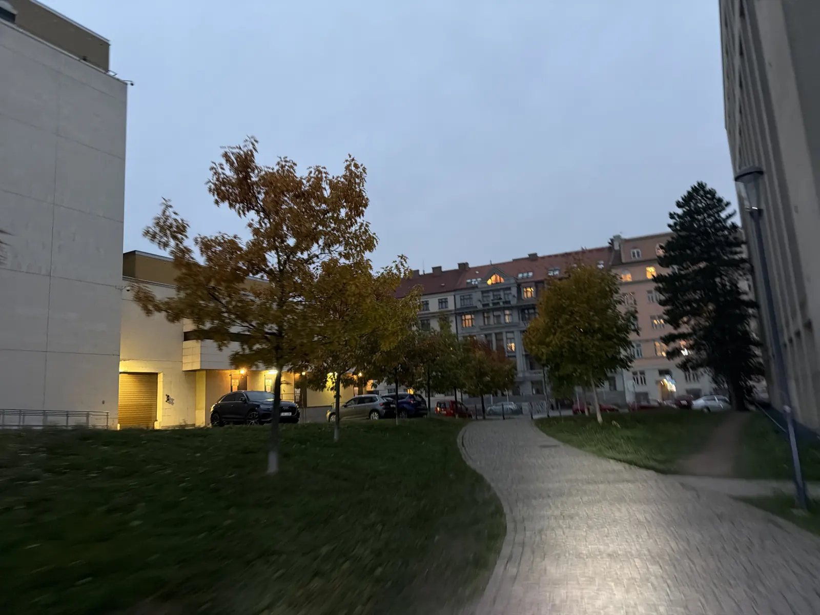Dlážděná cesta mezi budovami a podzimními stromy za šera
